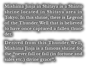 Mishima Jinja in Shitaya is a Shinto shrine located in Shitaya area in Tokyo. In this shrine, there is Legend of the Thunder Well that is believed to have once captured a fallen thunder. Derived from this Thunder Well, Mishima Jinja is a famous shrine for the “never fall or fail (in fortune and sales etc.) divine grace”.